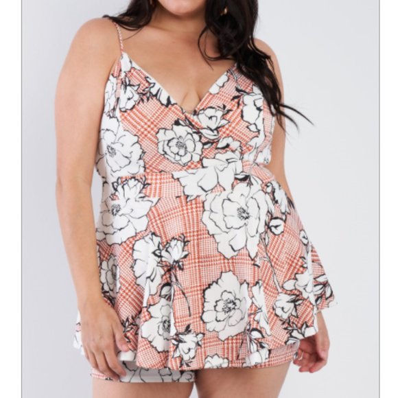 Floral Short Skort Mini V-Neck Romper – Plus (1X, 2X, 3X) - Picture 2 of 9